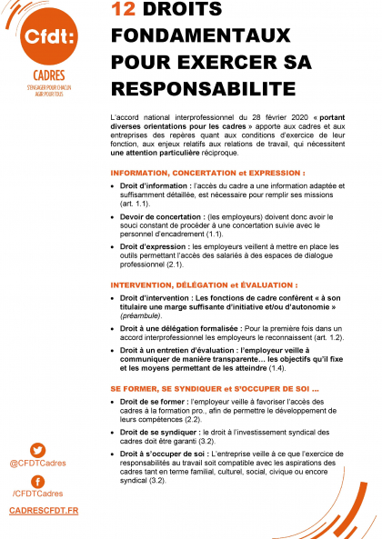 Tract CFDT Cadres - 12 droits fondamentaux pour exercer sa responsabilité.