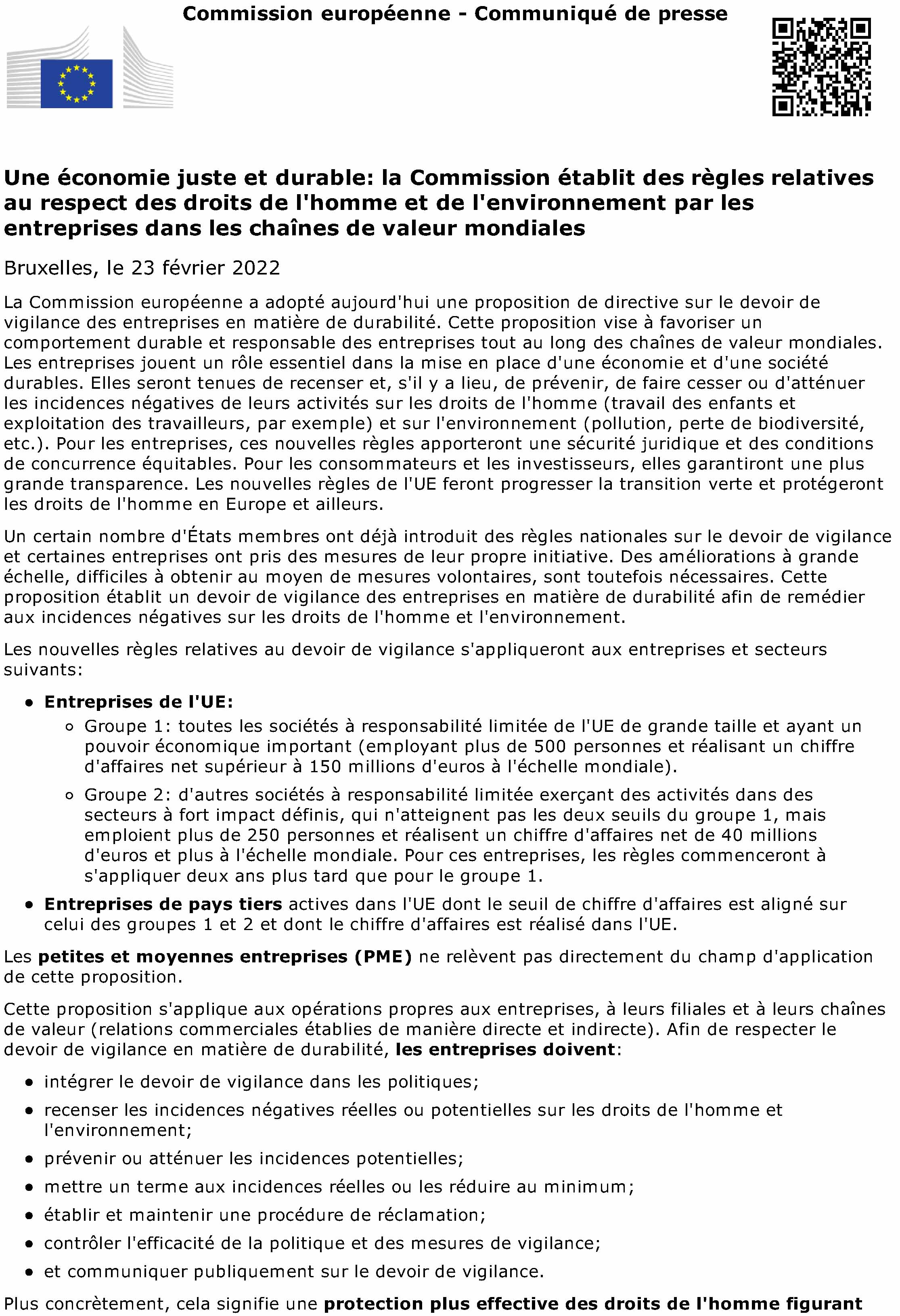 Une économie juste et durable: la Commission établit des règles relatives au respect des droits de l'homme et de l'environnement par les entreprises dans les chaînes de valeur mondiales