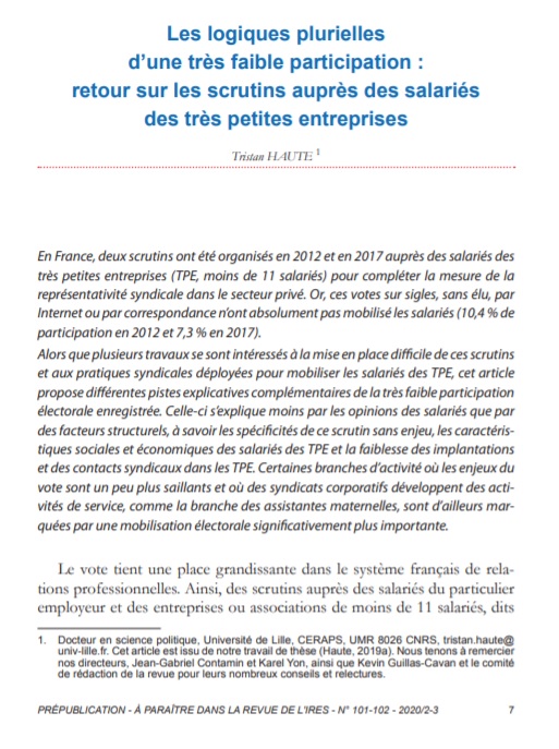 Les logiques plurielles d’une très faible participation : retour sur les scrutins auprès des salariés des très petites entreprises