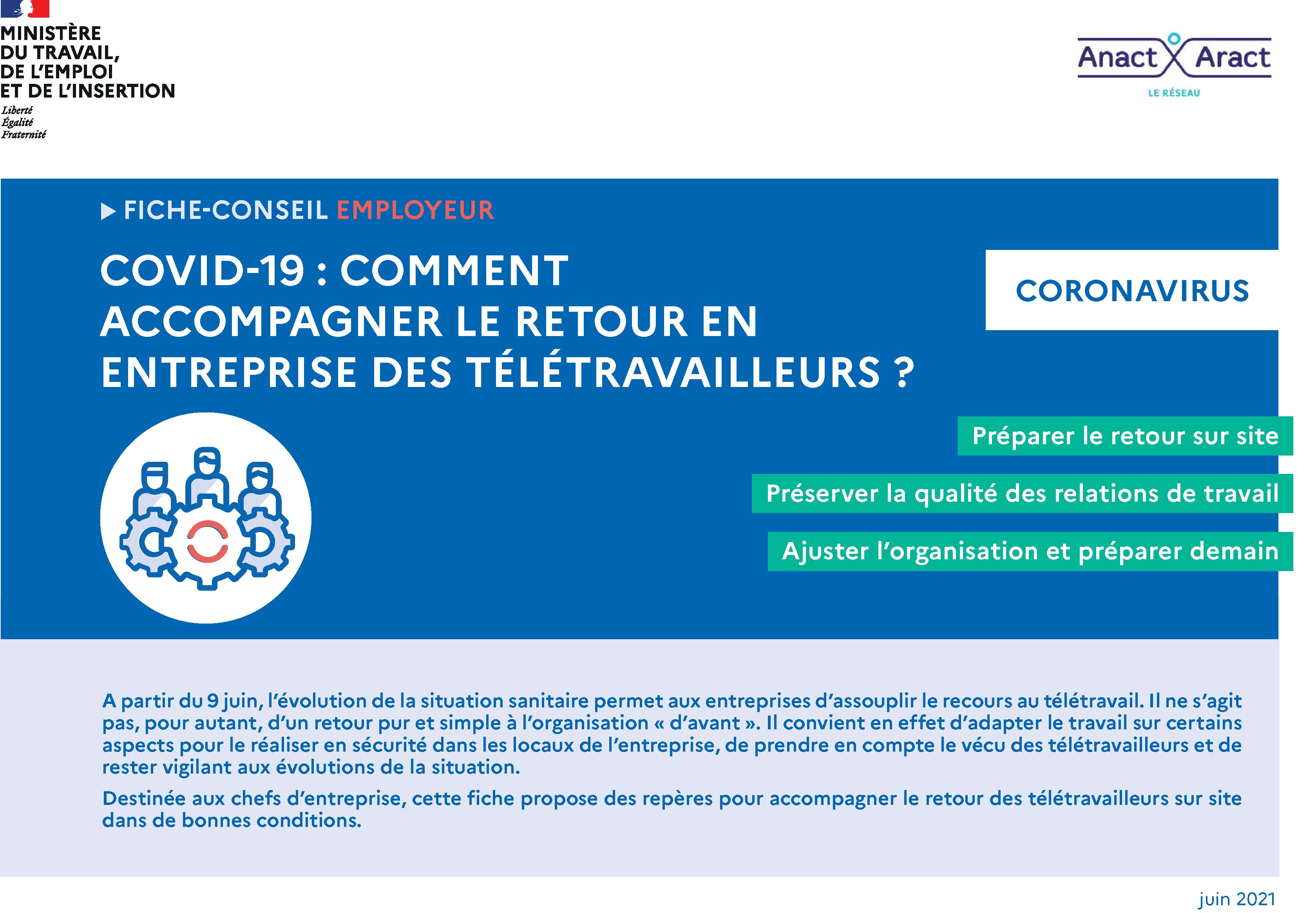 Covid-19 : accompagner le retour des télétravailleurs en entreprise, fiche-conseil pour l'employeur